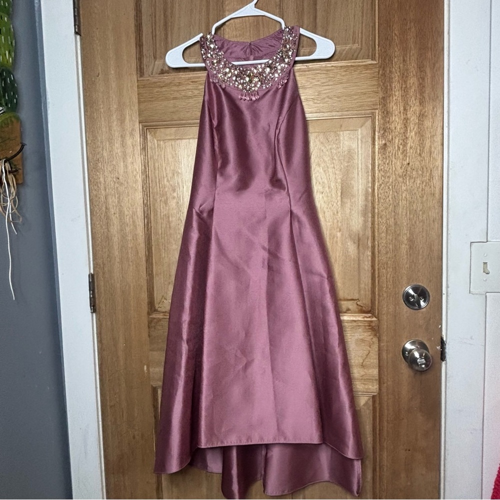 Adrianna Papell women’s Rose Satin Dress with Beaded Neckline size 12